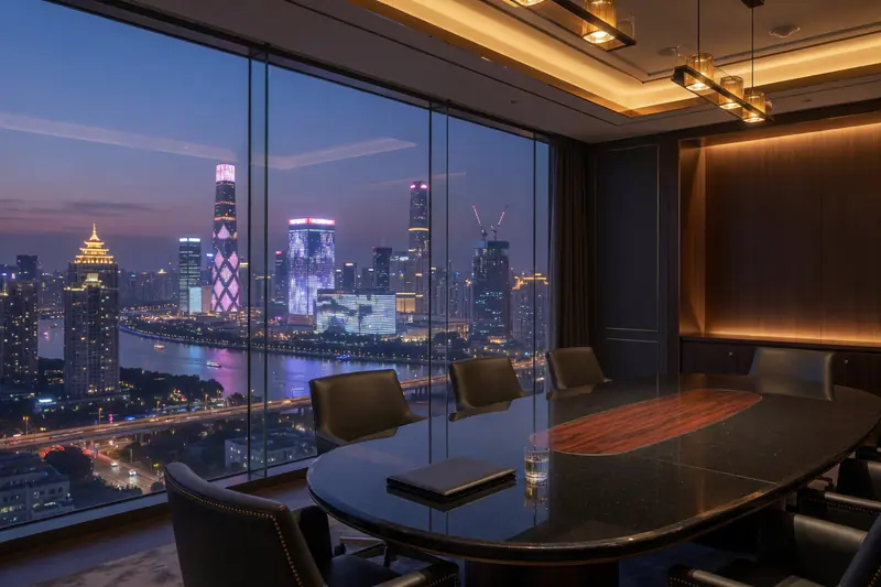 Executive boardroom overlooking a Chinese megacity skyline
